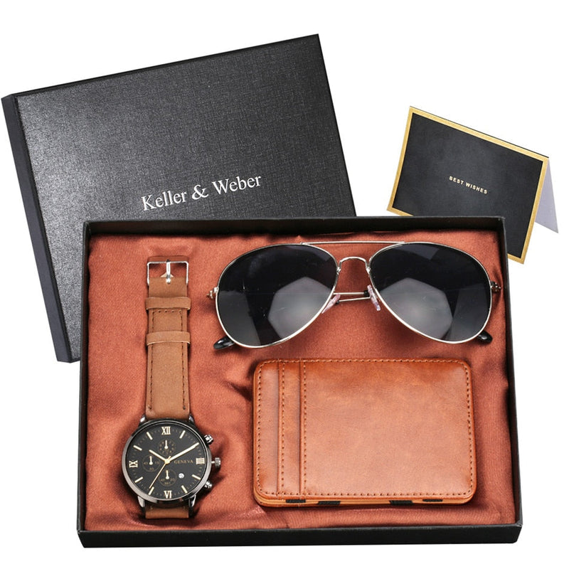 Kit Keller & Weber Relógio Masculino, Óculos de Sol, Carteira em Couro e caixa Personalizada