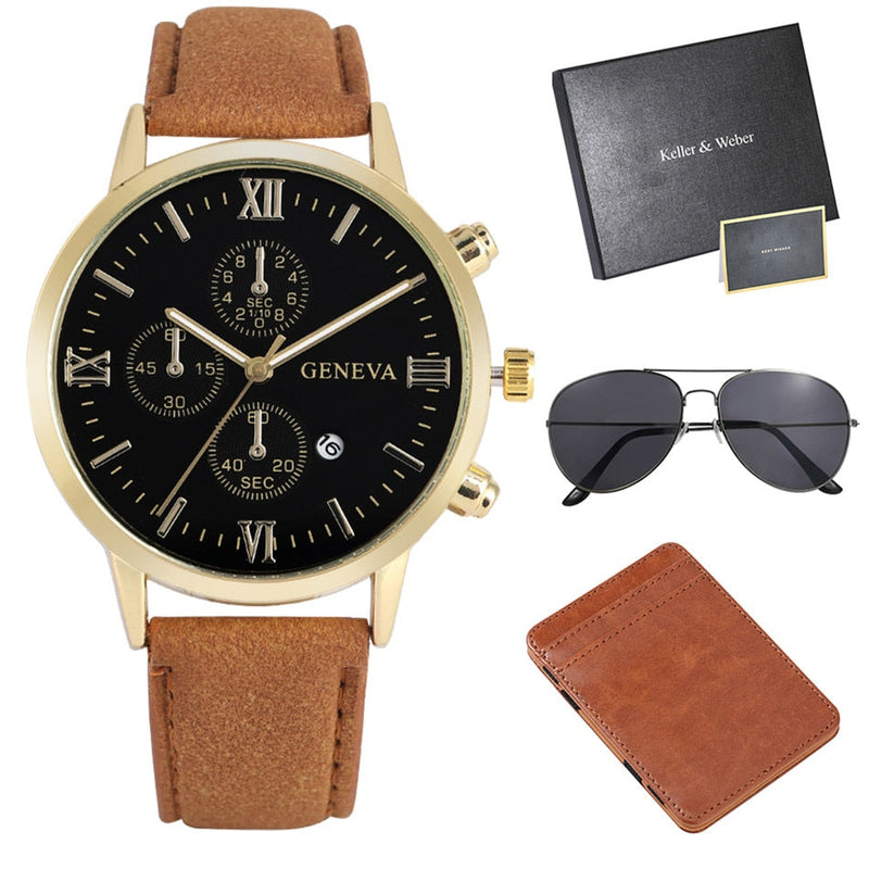 Kit Keller & Weber Relógio Masculino, Óculos de Sol, Carteira em Couro e caixa Personalizada